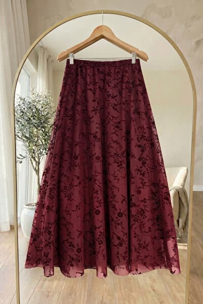 InStyle Çiçekli Flok Tül Astarlı Bordo Etek