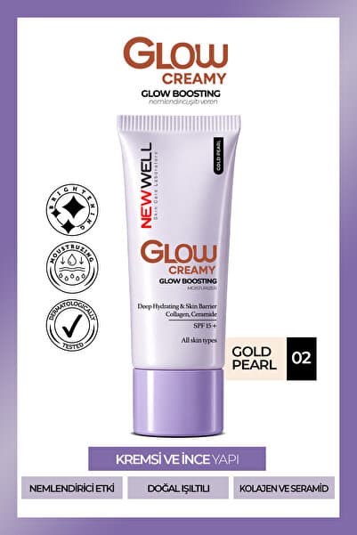 New Well Glow Boosting Işıltı Veren Nemlendirici Yüz Kremi SPF 15+ Gold Pearl 02 30 Ml