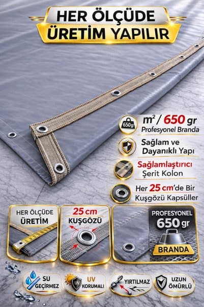 Branda Noktası 650 Gr/m² Profesyonel Kapsüllü Gri Polyester Branda – Su ve UV Geçirmez - Balkon, Garaj, Bahçe