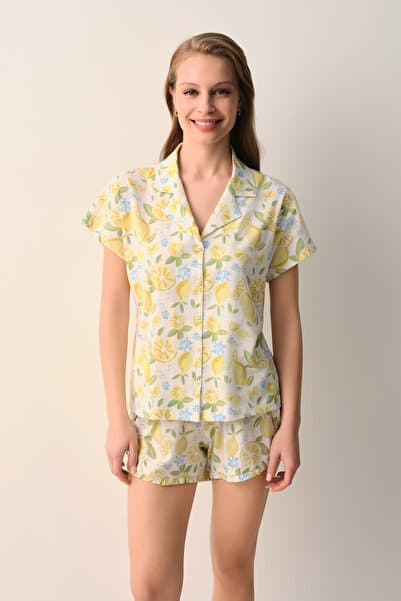 Suwen Lemonize Gömlek Yaka Şort Pijama Takımı