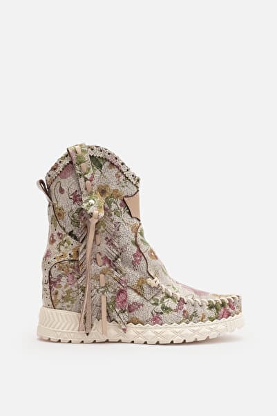Nobrand Bella %100 Dana Derisi Flowers Baskı Made in İtaly Gizli Ökçeli Kadın Bot