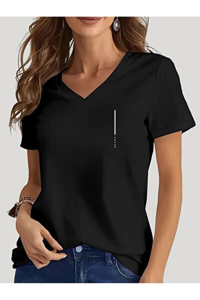 mercoledi Kadın Minimal Baskılı V-Yaka Kollu Regular Kalıp T-shirt