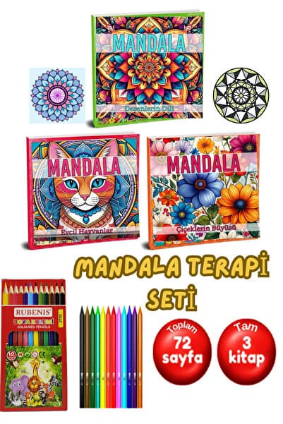 Mandala Terapi Her Yaşa Uygun Boyama Seti -3 Kitap Ve Kalem Hediye