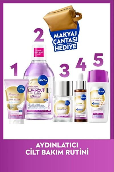 NIVEA Aydınlatıcı Bakım Rutini,Makyaj Temizleme Suyu,Temizleme Jeli,Tonik, Serum ve Yüz Kremi,Çanta Hediye