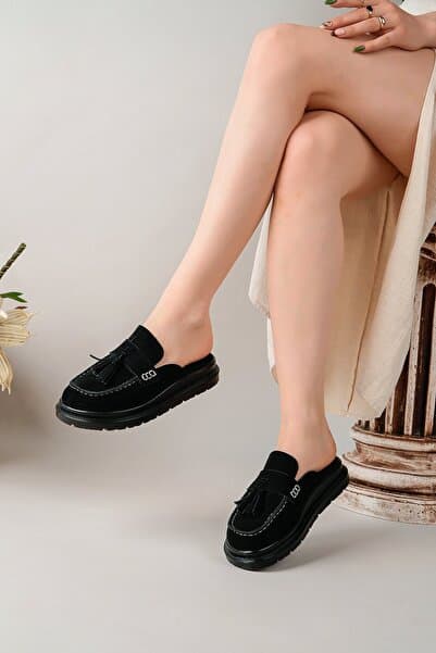 BAHRİNA Kadın Siyah Süet Loafer Püsküllü Terlik