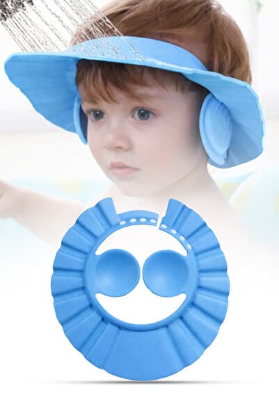 omilife Mavi Ayarlanabilir Bebek Banyo Şapkası Yenidoğan Duş Bonesi Göz Kulak Koruyucu 28 cm
