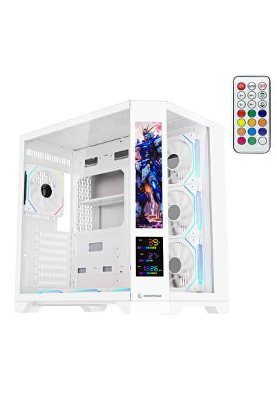 Rampage NOVA V2 9.16'' ve 5.5'' iki Lcd Ekranlı Hub+Kumanda Beyaz 7x12cm ARGB Pwm Fan Gaming Oyuncu Kasası