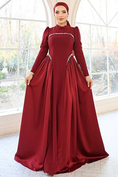 Olcay İnci Detaylı Krep ve Saten Kombinli Kloş Tesettür BORDO 1686