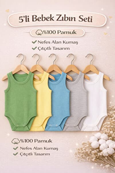Vivolas %100 Pamuk 5'li Bebek Çıtçıtlı Body Atlet Seti Renkli Zıbın Kız & Erkek 0-4 Yaş