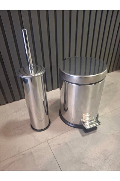 3 Litre Paslanmaz 2 Li Banyo Seti Pedallı Çöp Kovası Wc Klozet Tuvalet Fırça Seti Banyo Çöp Kovası