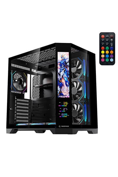 Rampage NOVA V2 9.16'' ve 5.5'' iki Lcd Ekranlı Hub+Kumanda Siyah 7x12cm ARGB Pwm Fan Gaming Oyuncu Kasası