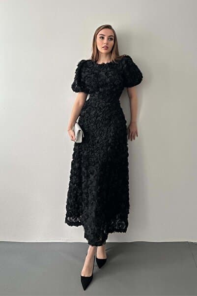 Elbee Fashion Woman Siyah Güllü Elbise