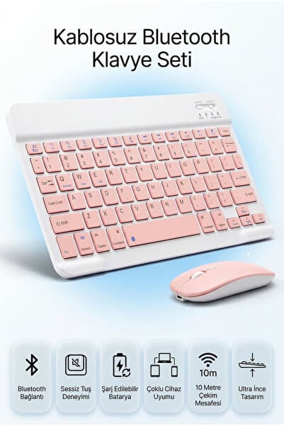 Arfseb Kablosuz Klavye Mouse Seti Telefon Tablet ve PC Uyumlu Wireless Sessiz Slim Tasarım- Pembe