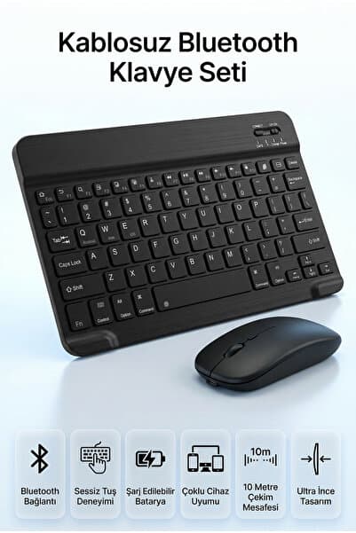Arfseb Kablosuz Klavye Mouse Seti Telefon Tablet ve PC Uyumlu Wireless Sessiz Slim Tasarım- Siyah