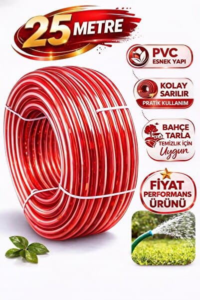 25 Metre PVC Bahçe Hortumu – Basınca Dayanıklı, Esnek ve Uzun Sulama Hortumu Kırmızı