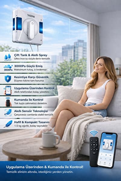 Perimax YV509 Kumandalı Smart Uygulamalı Su Püskürtme 3000Pa Akıllı Cam Silme Robotu