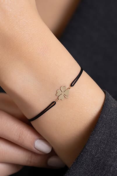 14 Ayar Altın Yonca Siyah İpli Bileklik