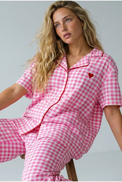 Siyah İnci pembe ekose kareli Nakışlı Düğmeli Biyeli İnce SOft Örme Pijama Takımı 8001