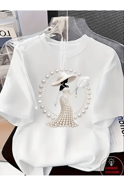 one button İnci Şapka Ve Kuş Tüyü Detay Baskılı Premium Oversize T-shirt