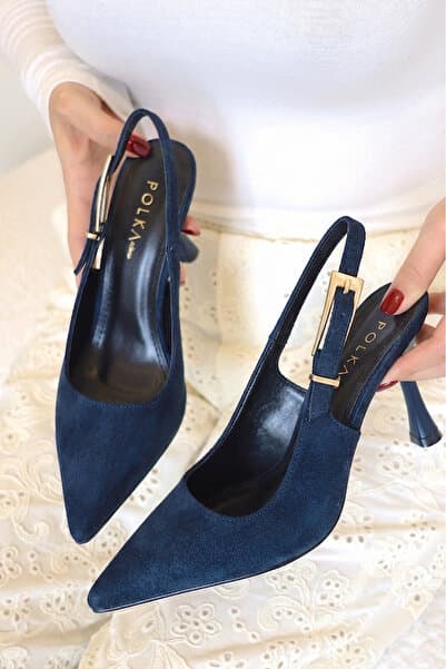 POLKA STORE Saint Gold Metal Toka Detaylı Sivri Burun Lacivert Süet Stiletto Abiye Topuklu Kadın Ayakkabı