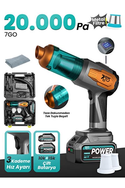 7GAB-03 Şarjlı Kablosuz Araç Süpürgesi Gri 20000Pa Güçlü Emiş | Fırçasız Motor | Üfleme & Vakum