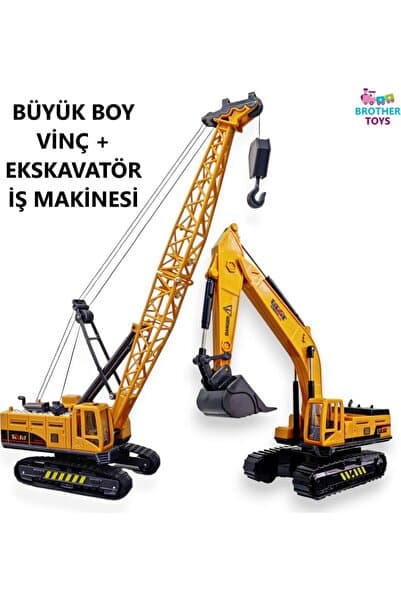 Brother Toys Büyük Boy Vinç + Büyük Boy Kepçe Ekskavatör Oyuncak Kırılmaz İş İnşaat Makinesi 30 Cm.