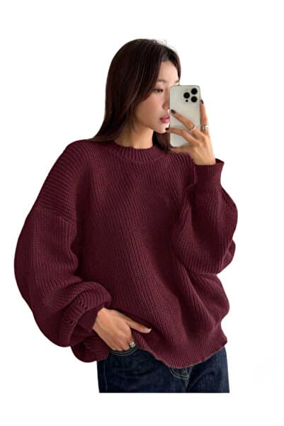 Bordo Bisiklet Yaka Oversize Kadın Triko Kazak
