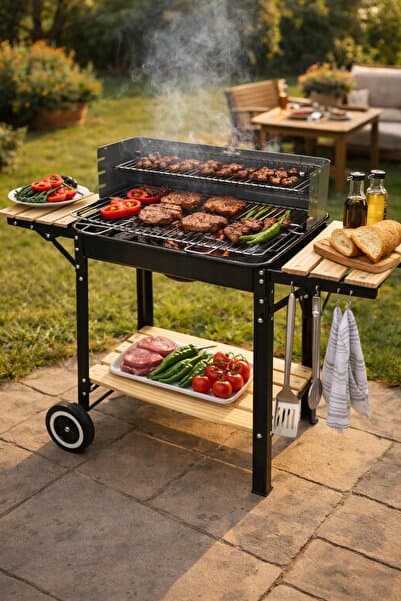 Binbirreyon Tekerlekli Mangal Iki Ahşap Sehpalı Raflı 4 Adet Kancalı Kömürlü Mangal 94x85cm Af046