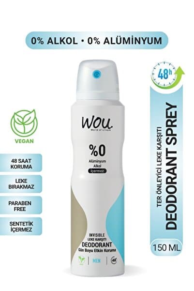 WOU World of Unique Erkek Deodorant Sprey ,Pudrasız,48 Saat Etkin Koruma,Vegan,Alkol İçermez,150ml