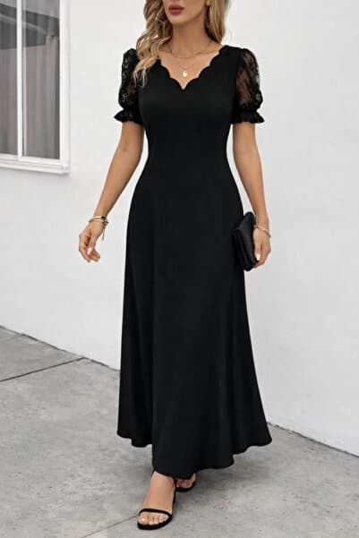 DRESSIFY WOMEN’S FASHION Kadın Kısa Kollu V Yakalı Uzun Krep Elbise