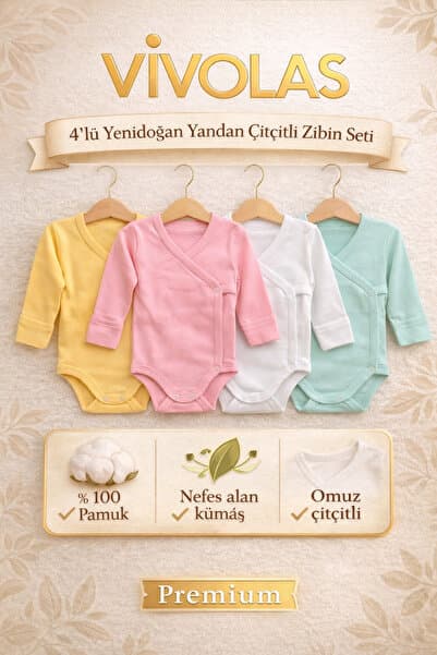 Vivolas 4’lü Yenidoğan Kruvaze Zıbın Seti Kız & Erkek %100 Pamuk Yandan Çıtçıtlı Bebek Body
