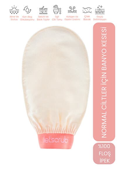 LET'SCRUB 1 Adet Ekru Banyo Duş Kesesi Peeling Eldiveni %100 Floş Ipek Normal Ciltler Için