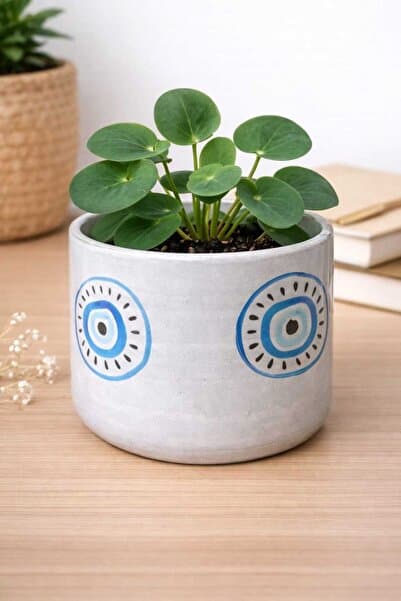 Cogo Seramik El Yapımı Seramik Nazar Boncuğu Desenli Modern Saksı - 8x8 cm (Bitkisiz) Cogo Ceramic