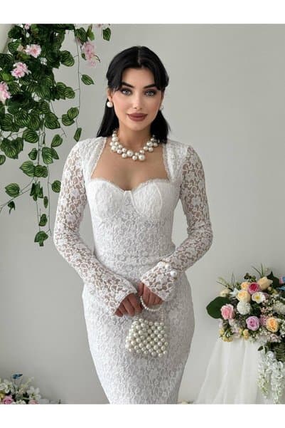 MBK Fashion Beyaz Dantel Uzun Kollu Abiye Elbise