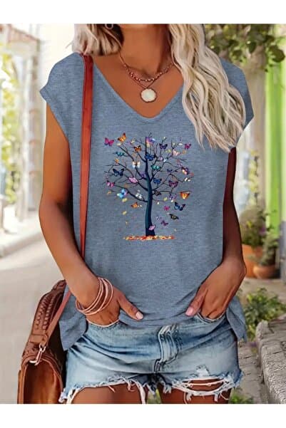 FUFLUNS KELEBEKLİ AĞAÇ YILDIZ BASKILI KADIN OVERSİZE KOLSUZ T-SHIRT
