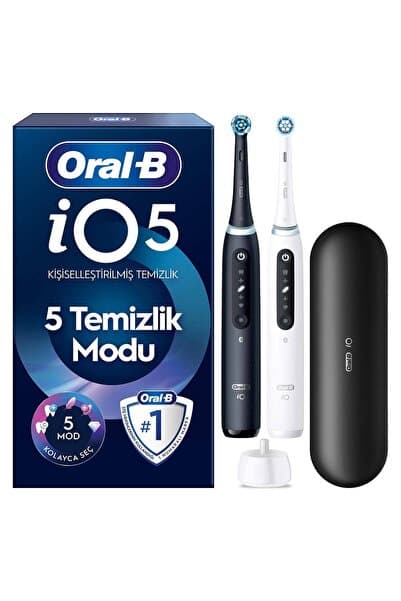 Oral-B iO5Şarjlı/Elektrikli Diş Fırçası, 2'li Set Siyah & Beyaz, 2 Fırça Başlığı, Uzun Ömürlü Pil, PremiuM