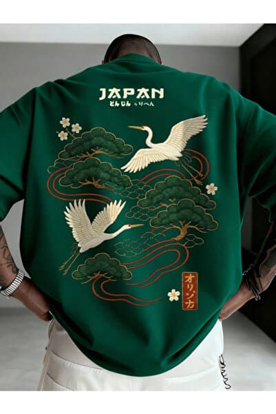 Revasser Unisex Kadın/Erkek JAPAN Özel Baskılı Oversize Penye Bisiklet Yaka T-Shirt