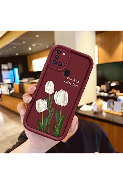 ucuc Samsung Galaxy A21S Uyumlu Darbeye Dayanıklı Kamera Korumalı Bordo Silikon Baskı Desenli Kılıf