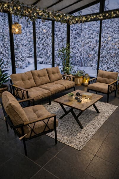 UFUK HOME Miray 311 Masalı Fermuarlı Bahçe Balkon Takımı, Salon, Teras- Berjer Düğmeli Metal Çay Seti
