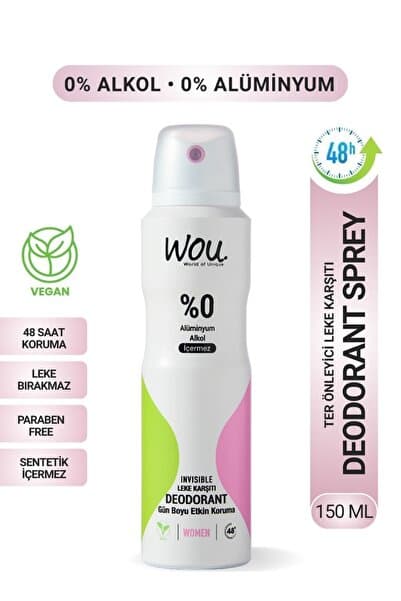 WOU World of Unique Kadın Deodorant Sprey ,Pudrasız,48 Saat Etkin Vegan,Alkol İçermez,150ml
