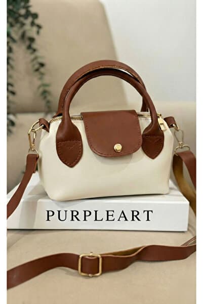 PurpleART Kadın Krem Taba Çift Renkli Minimalist Mini El ve Omuz Çantası - Fermuarlı Çapraz Kadın Çanta