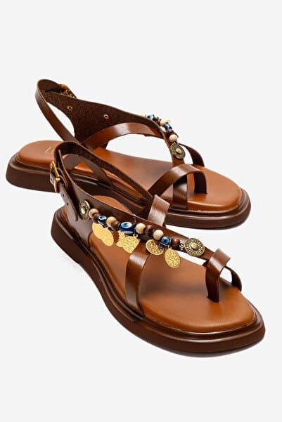 luvishoes HUSH Taba Hakiki Deri Boncuklu Kadın Parmak Arası Sandalet