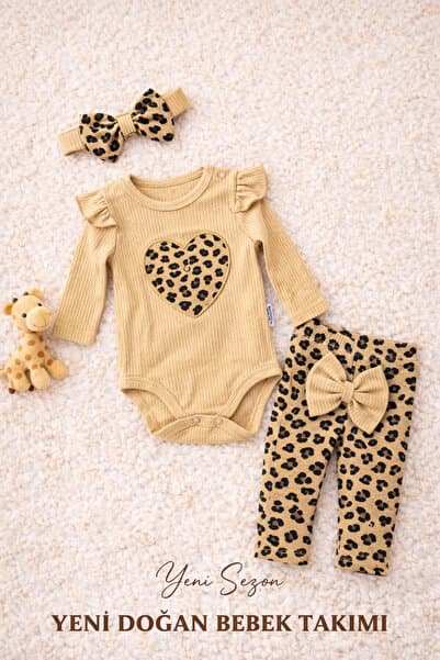 Chicsy Baby Tatlı Kız Bebek Kalpli Leopar Desenli Tarz Fitilli 3’lü Takım Saç Bantlı Kombin