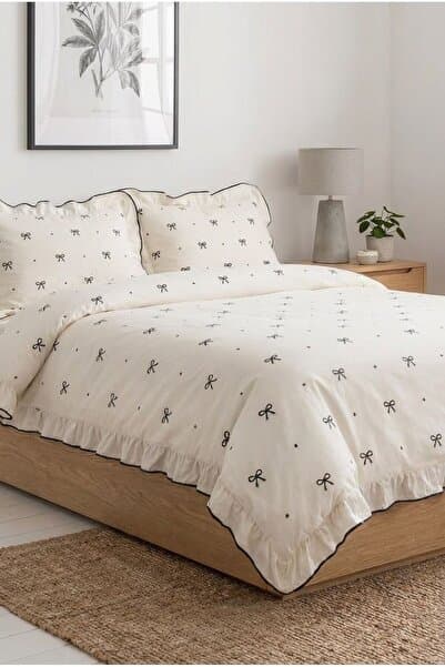 DB DANLA BALDİ Home Collection Çift Kişilik Nevresim Seti %100 Pamuklu Siyah Fiyonklu Süs Overloklu Fırfırlı