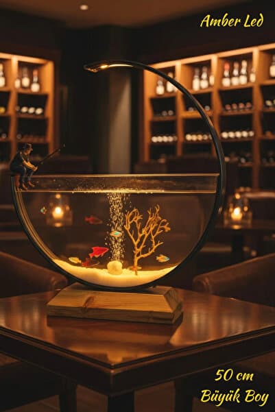 Poyel Decor Modern Tasarım Dekoratif Akvaryum – Amber Led Aydınlatmalı 50 cm +Balık Tutan Adam Figürü