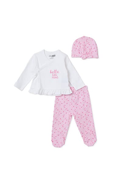 ebebek Hello Baby HelloBaby Kız Bebek Zıbın-Şapka-Alt Çiçek Baskılı Çıtçıtlı V Yaka Long Sleeve Patikli