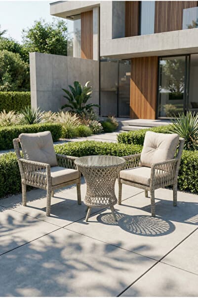 Çavdar Group Alya Raddan 1+1 Bistro Set Minderli 2 Kişilik Raddan Oturma Grubu Camlı Sehpa Bahçe Balkon Teras Set
