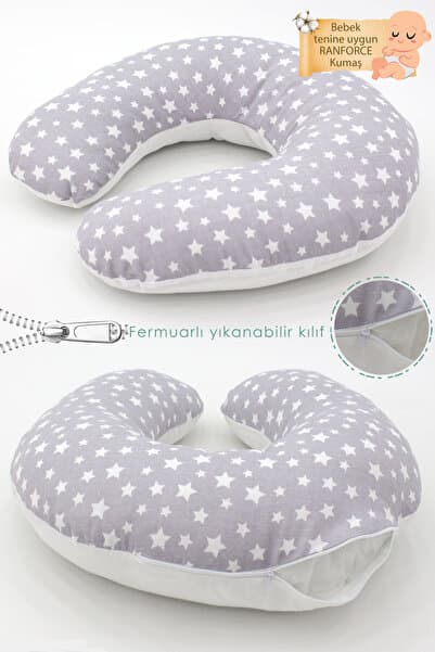 mordesign Çift Taraflı Emzirme Yastığı /bebek Destek Minderi, Hamile Yastığı, Pamuklu Kumaş, Stars Desen, Gri