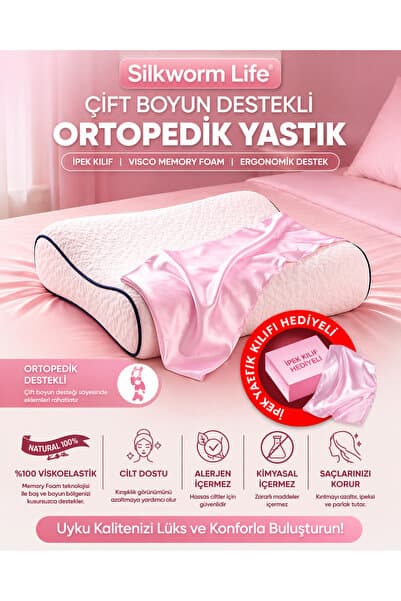 PEMBE RENKLİ % 100 Ipek Kilifi Ile Ortopedik Visco Yastik [ 40 X 60 X 14 Cm)