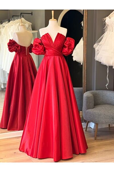 Lenta Moda Lenta Wedding Lizbon Kırmızı Kol Detaylı Drapeli Maxi Boy Helen Nikah Ve Gece Elbisesi
